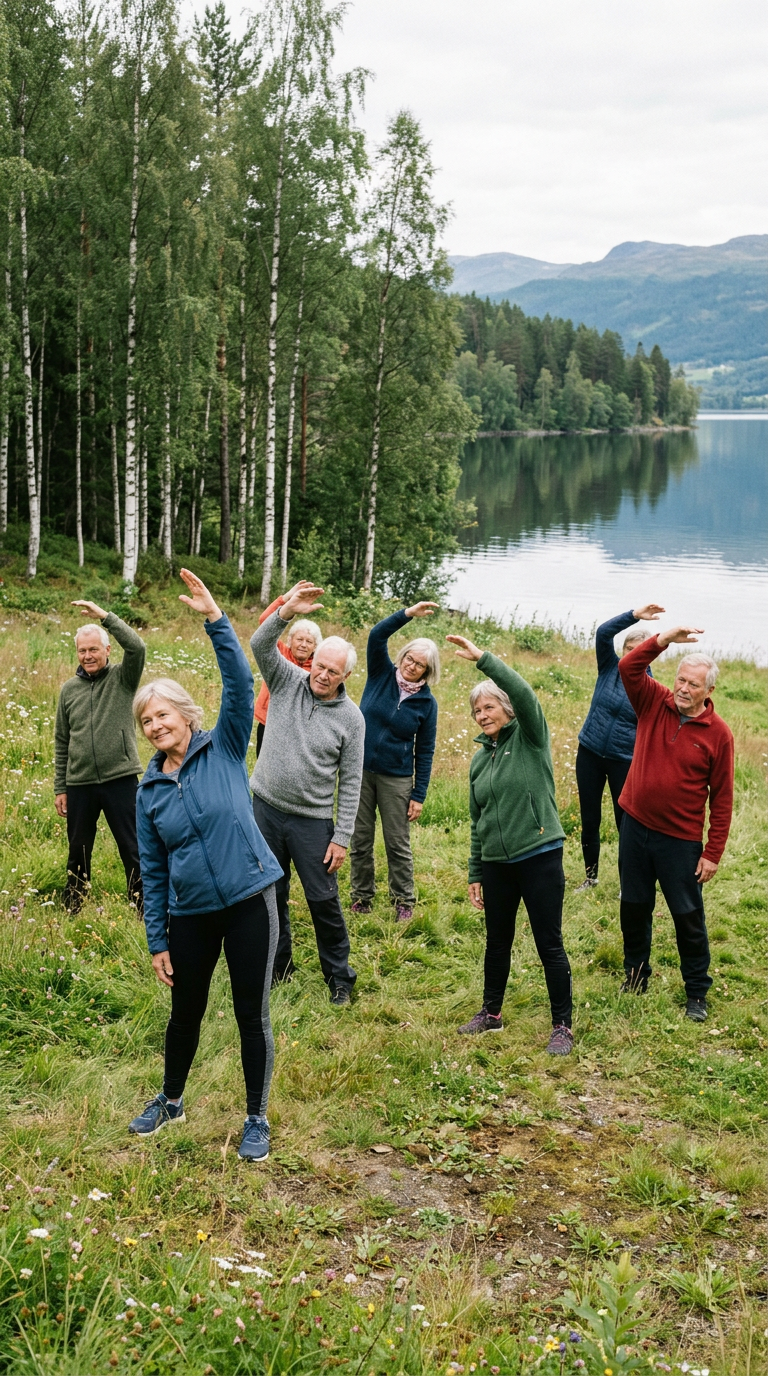 Older adults doing gentle stretching exercises together by a lake