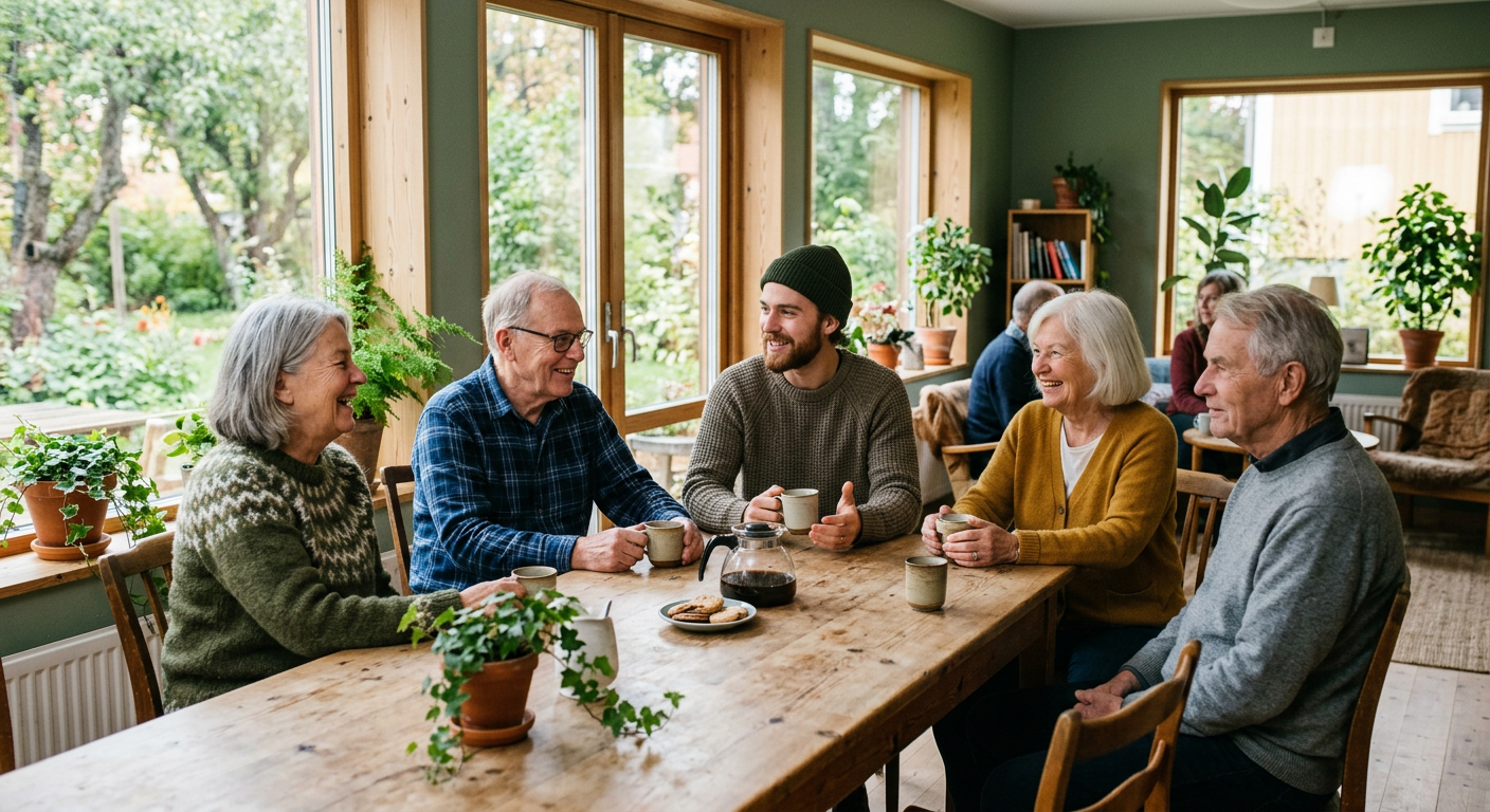 Older adults and a volunteer sharing coffee around a wooden table