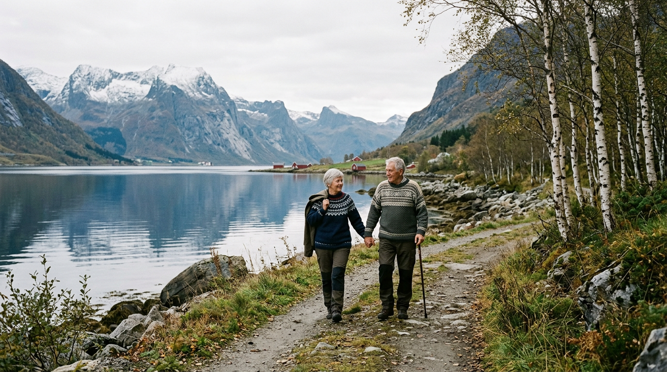 An elderly couple walking together along a fjord path lined with birch trees